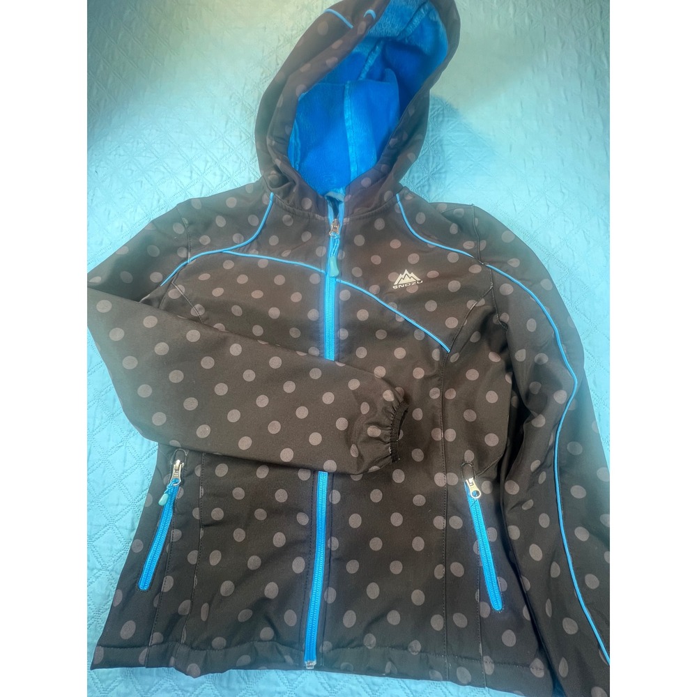Snozu Girls Black Polka Dot Softshell Jacket Blue Faux Fur Lined Hooded M 10/12